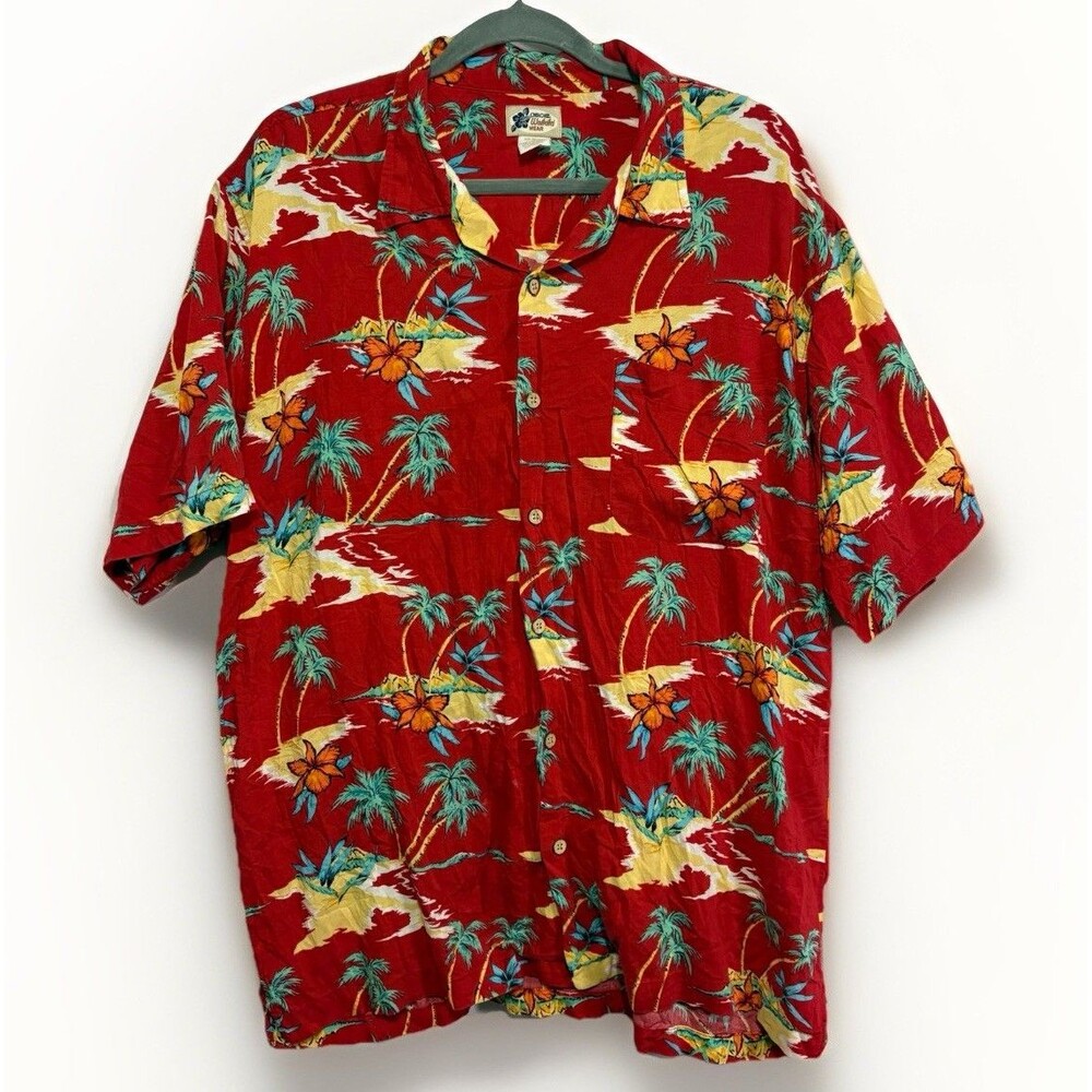 VINTAGE Waikiki Wear by Cherokee Hawaiian Shirt Mens Large Red Tropical Tiki